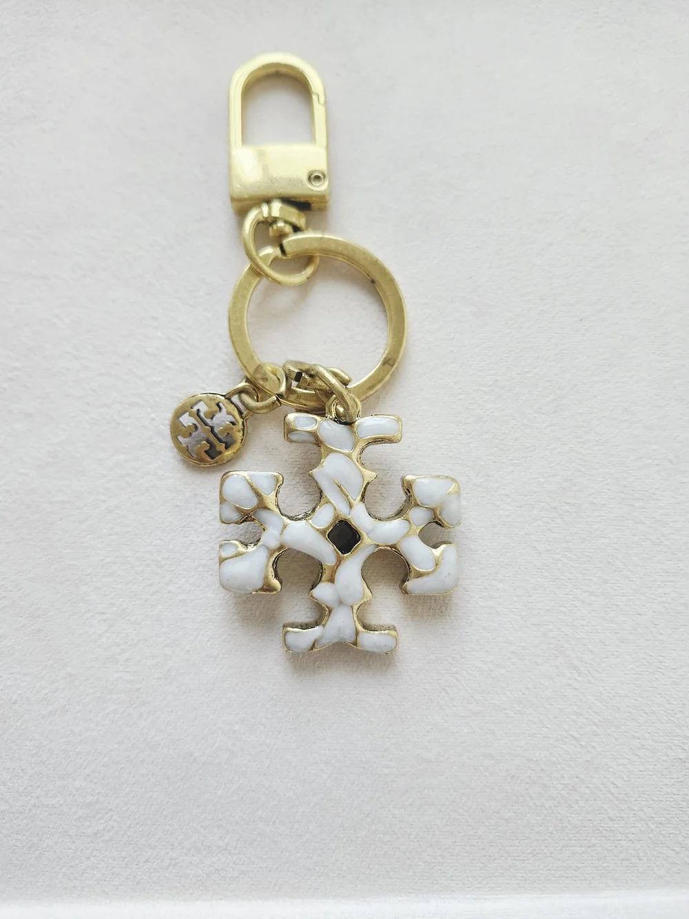 Tory Burch Gold Tone Logo Bag Charm Keychain Ivory Enamel
